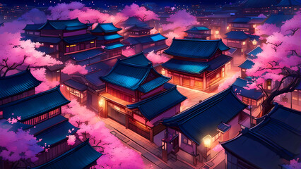 High angle view of an old town with pink cherry blossom flowers at night.