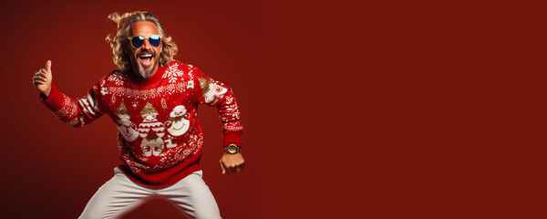 Ugly Christmas Sweater Day. Cool old man dancing in knitted clothes, red background. Banner, copy space