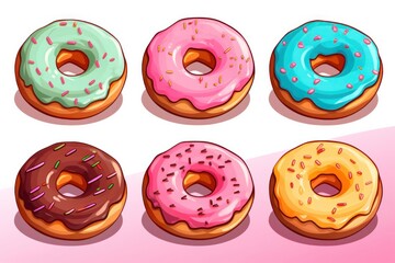 Fototapeta premium Illustration of a set of blue and pink glazed donuts with decor on a white background. Donuts menu.
