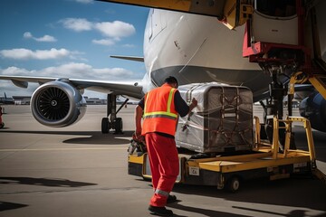 Loading of baggage on board a plane. Workers in uniform near the plane. AI generated - obrazy, fototapety, plakaty