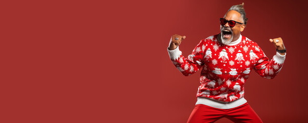 Ugly Christmas Sweater Day. Cool old man dancing in knitted clothes and glasses, red background. Banner, copy space