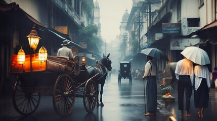 A Modern guy with an umbrella is watching horse kart in a street of Kolkata - obrazy, fototapety, plakaty