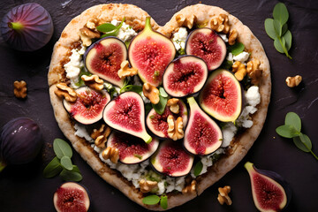 Pizza or toast with goat cheese, figs and nuts in shape of heart on dark wooden background, top view, flat lay,  meal for romantic date, Saint Valentines day - obrazy, fototapety, plakaty
