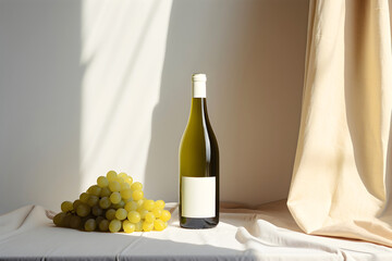 A bottle of white wine with a blank label, set on a table with fabric and grapes. Minimalistic composition in white and beige colors with sunlight and shadows, wine branding and marketing concepts.