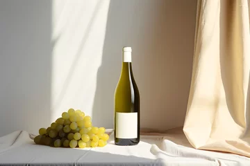 Fotobehang A bottle of white wine with a blank label, set on a table with fabric and grapes. Minimalistic composition in white and beige colors with sunlight and shadows, wine branding and marketing concepts. © Maria Shchipakina