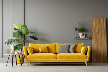A gray walled living room showcases a yellow sofa and chic decor