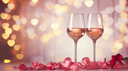 Pink rose champagne glasses close up, bokeh lights background. Valentines day celebration. Valentine's Day banner, copy space.