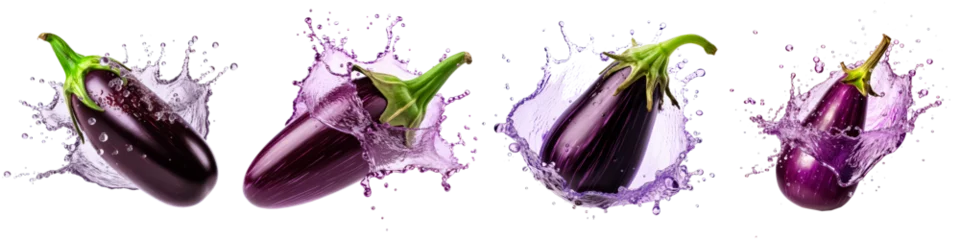 Fotobehang Collection of eggplants with splashing water on white background © terra.incognita
