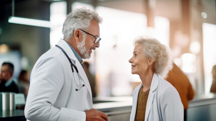 Obraz premium Couple doctors colleagues discussing matters in the hospital hall. Senior doctors talking in the medical office. Generative Ai