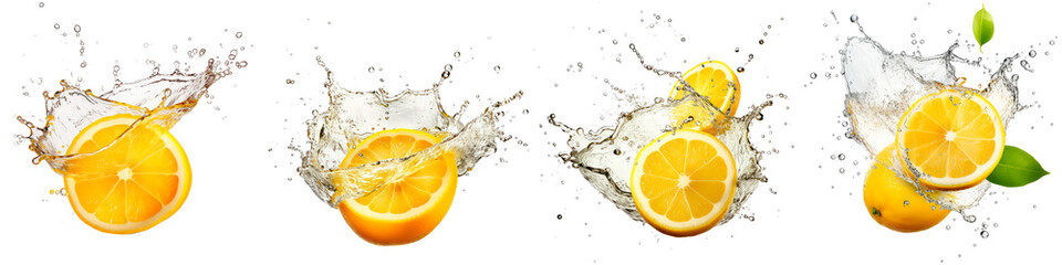 Collection of orange with splashing water on white background