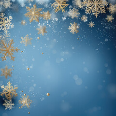 Golden snowflakes stand out, sparkling on a dark blue background, a brilliant, luxurious Christmas card, banner, wallpaper, cover, poster. 