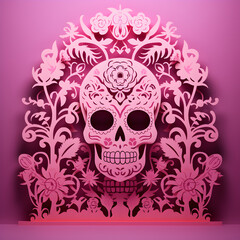Day of the dead, pink sugar skull, paper cut-outs