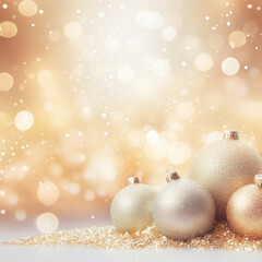 Luxurious, noble golden background with sparkling balls for Christmas. Elegant pastel tones for printing, Christmas cards, wallpaper, banners.