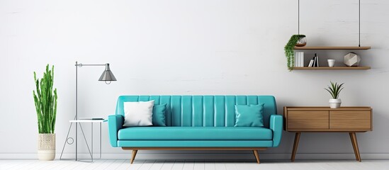 Modern apartment with turquoise couch in open living room and workspace by white wall With...