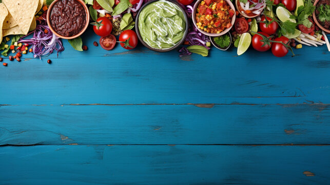 Mexican food top border. Overhead view on a blue wood, generative ai