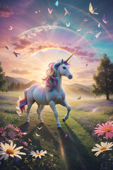 unicorn-filled meadow with rainbows arching 