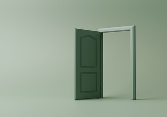 3d rendering illustration, sage green open door, isolated on green background. Eco, bio, green transition abstract metaphor, modern minimal concept. Surreal scene