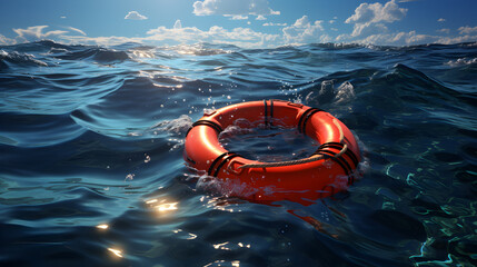 Life buoy. Life buoy in water. Life ring floating in a sea. Life preserver in sea. Top view of rescue ring. Rescue ring. Safety ring. - obrazy, fototapety, plakaty