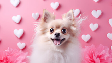 Fototapeta na wymiar Dog with rose flowers and petals around, Valentine's Day concept, Valentine dog 
