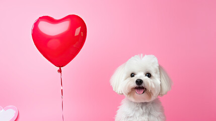 White  dog with heart shaped balloon, Valentine's Day concept  - obrazy, fototapety, plakaty