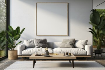 Fototapeta premium 3D rendered living room with design friendly frame mock up, ample copy space