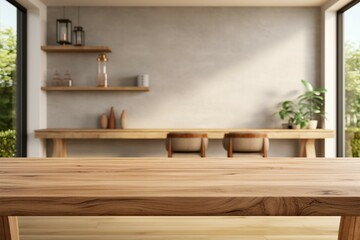Fototapeta na wymiar 3D rendering An empty wooden table in a Scandinavian living room