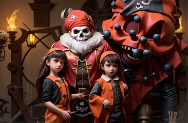 Obraz premium two children wearing Halloween costumes accompanied by several monsters. They are ready for Halloween