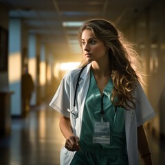 pretty blonde doctor walking down the hospital hallway with stethoscope on her shoulder