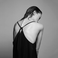 Back of young woman with wet Hair. Beautiful sexy Black and white portrait