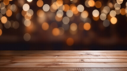Empty wooden table and blurred background of hall of stage bar or cafe with bokeh lights