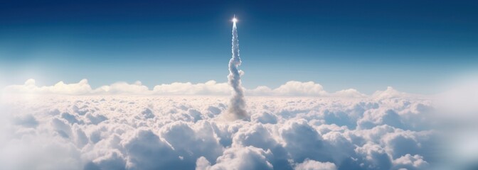Rocket launch. View from the sky through the clouds - obrazy, fototapety, plakaty
