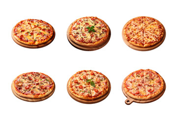 Fototapeta na wymiar collection of fresh pizza on a wooden board isolated on a transparent background