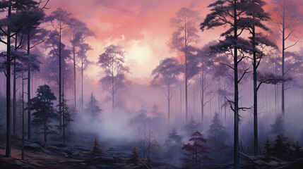 Fototapeta na wymiar sunrise in the mountains, the foggy pine trees forest, purple mist
