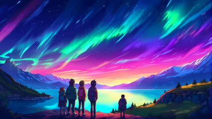 Tourists watching Aurora borealis over a lake.