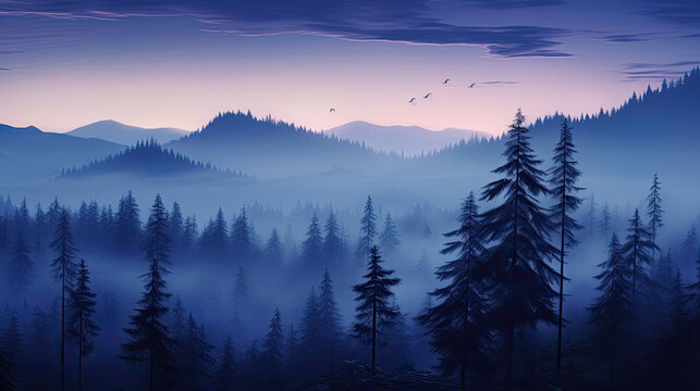 Fototapeta sunrise in the mountains, the foggy pine trees forest, purple mist