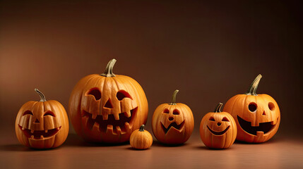 Halloween pumpkins on a brown background.