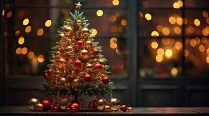Fototapeta na wymiar christmas tree tree with colorful ball ornaments and beautiful bokeh background