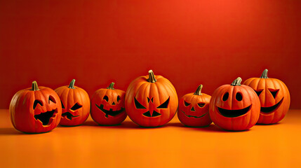 Halloween pumpkins on a red background.