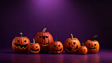 Halloween pumpkins on a violet background.