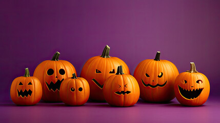 Halloween pumpkins on a violet background.