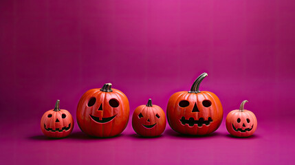 Halloween pumpkins on a fuchsia background.