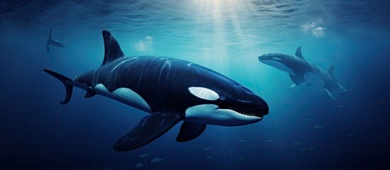 Orcas also known as killer whales swim in the dark sea at night With copyspace for text - obrazy, fototapety, plakaty