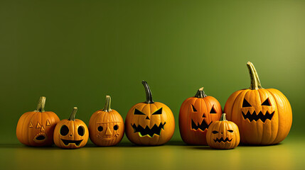 Halloween pumpkins on a olive green background.