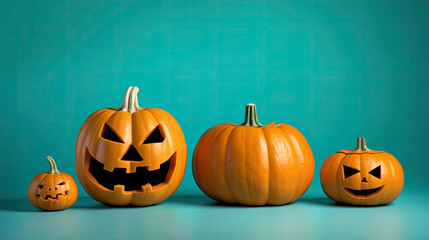 Halloween pumpkins on a turquoise background.