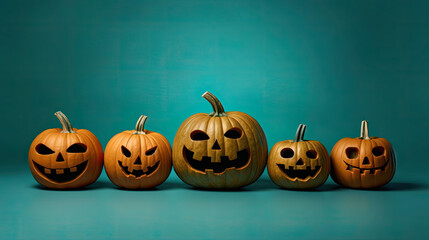 Halloween pumpkins on a turquoise background.