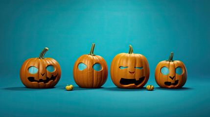 Halloween pumpkins on a dark cyan background.