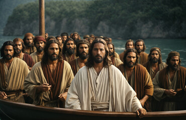 Jesus in a boat together with his disciples and followers - obrazy, fototapety, plakaty