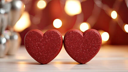 Obraz premium Two red glitter hearts on a bokeh background. Valentine's Day background, copy space.