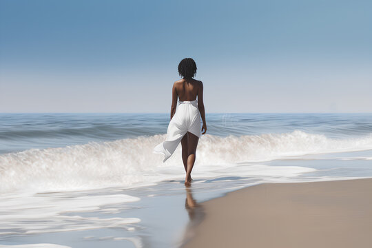 Woman walking on the beach rear view.  Photorealistic image. 