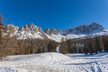 Winter view of Croda da Lago peaks, Giau Pass, Dolomites, Italy